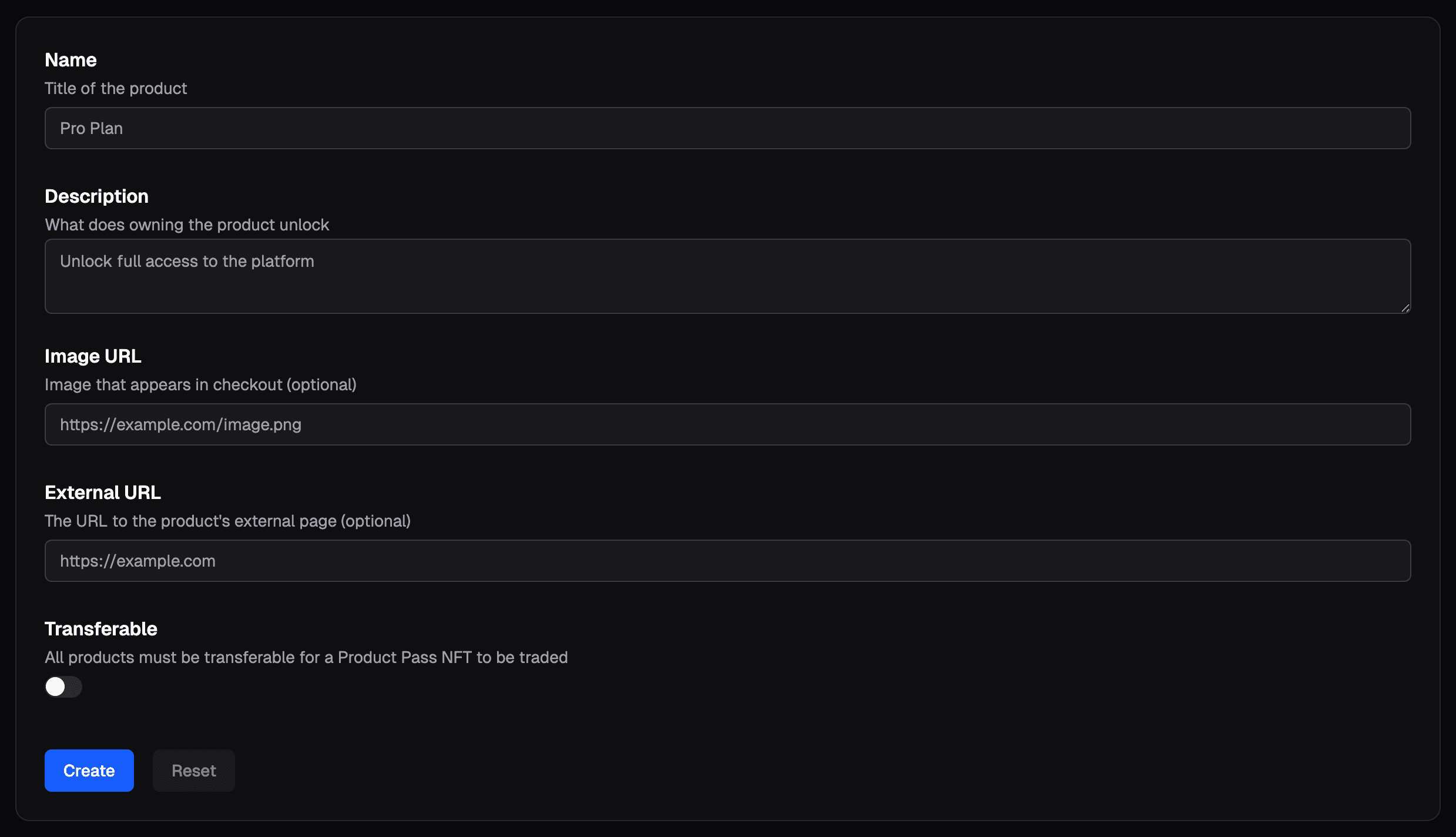 Dashboard showing product creation form