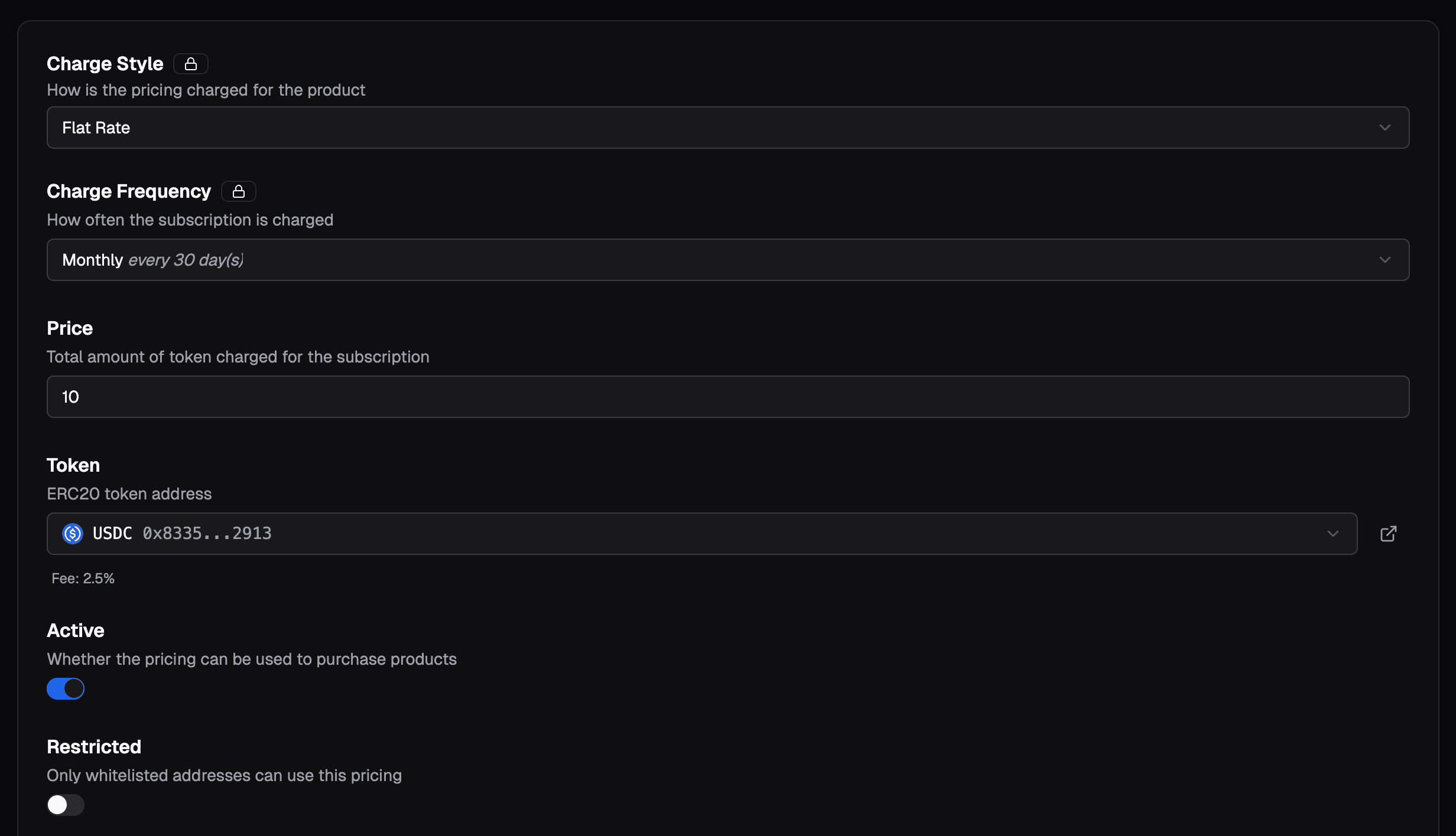 Dashboard showing pricing model configuration