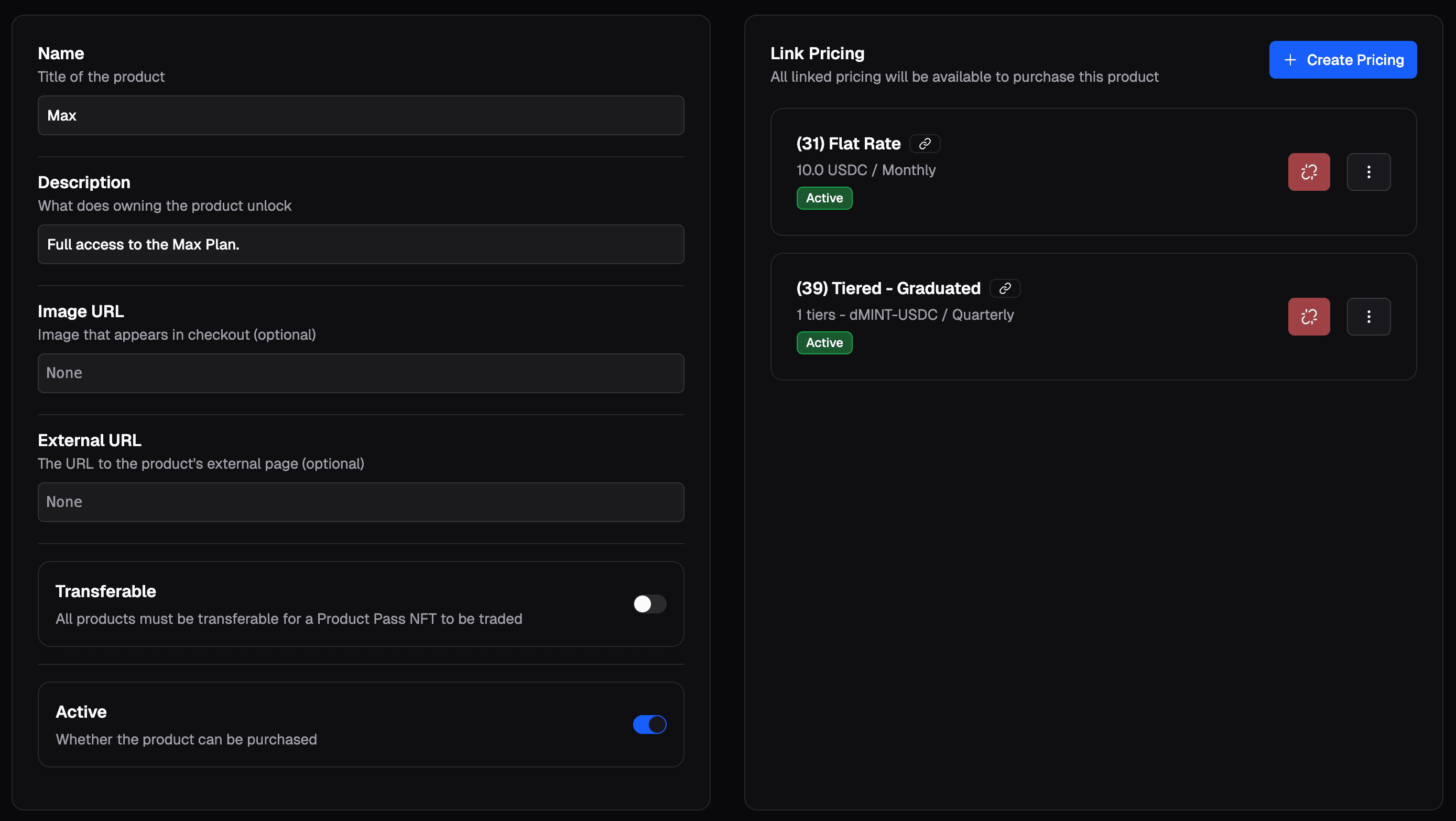 Dashboard showing pricing model linking interface